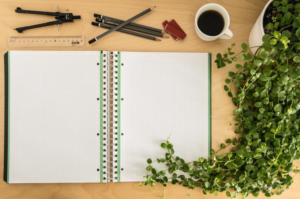 Free Image of Blank Opened Notebook with houseplant  