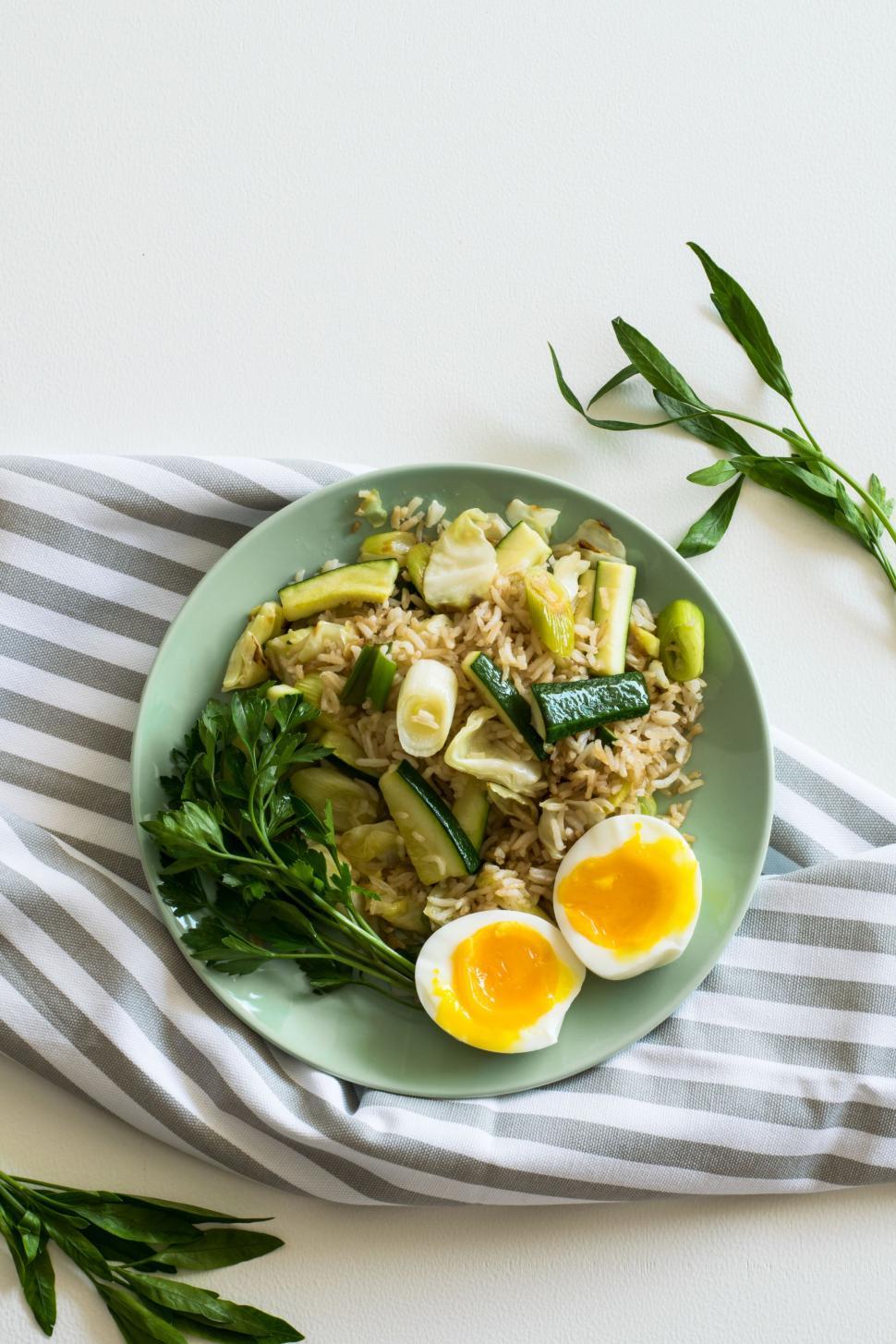 Free Image of Rice, Egg, Cucumber and Parsley for Lunch  
