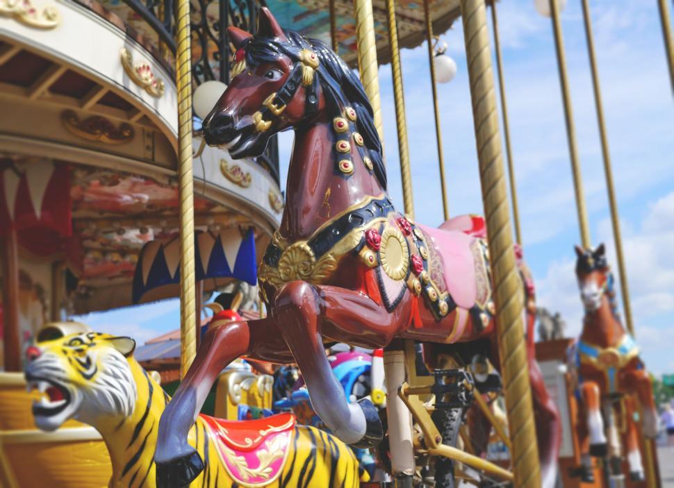Free Image of Carousel Horses in Amusement Park  