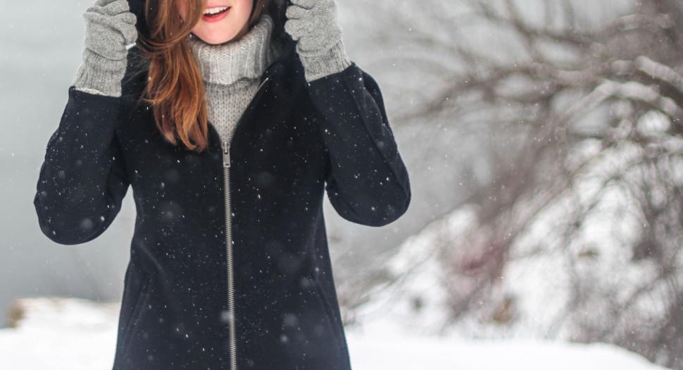 Free Image of Torso View: Young Woman in Winter Jacket enjoying snowfall 