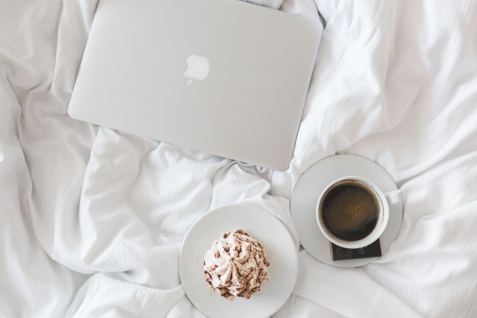 Free Image of Bed Tea, Laptop and Cake  