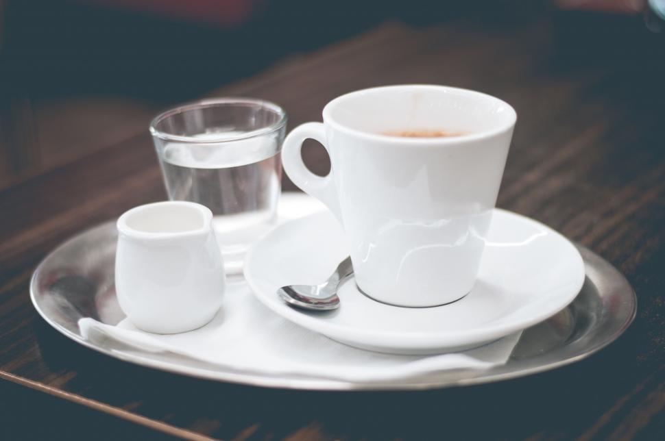 Free Image of Espresso Coffee, Milk and Water on wooden table  