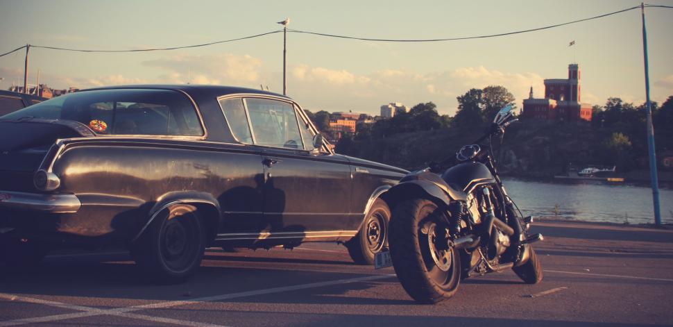 Free Image of Motorbike and vintage car  