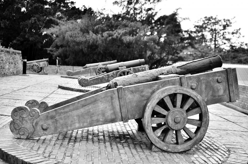Free Image of Vintage Cannons on Wheel  