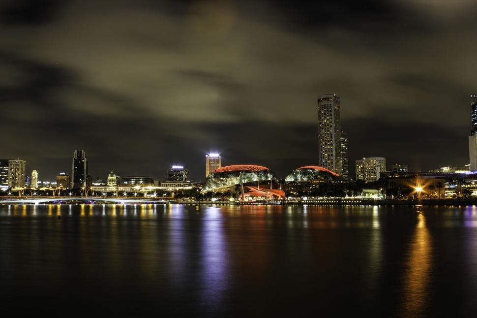 Free Image of Night View of Singapore with dark clouds  