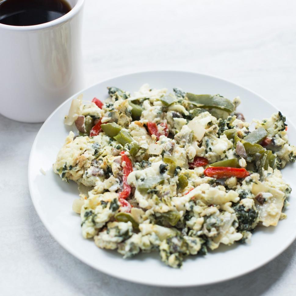 Free Image of Spinach and Egg Scramble with black coffee  