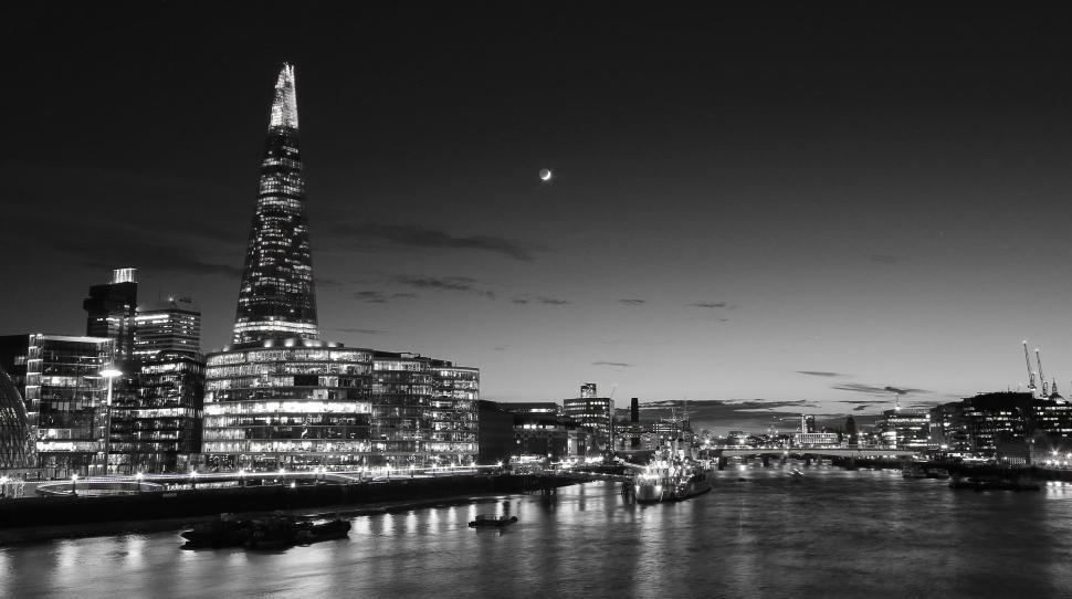Free Image of Night View of Thames with Skyscrapers and Moon 