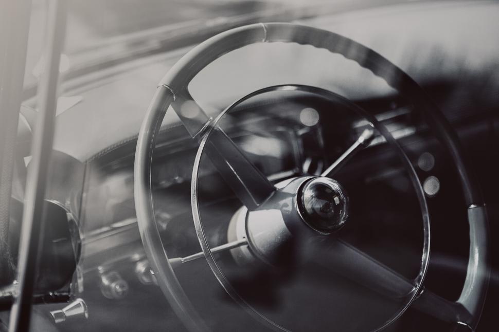 Free Image of Black and White - Steering Wheel and dashboard of vintage car 