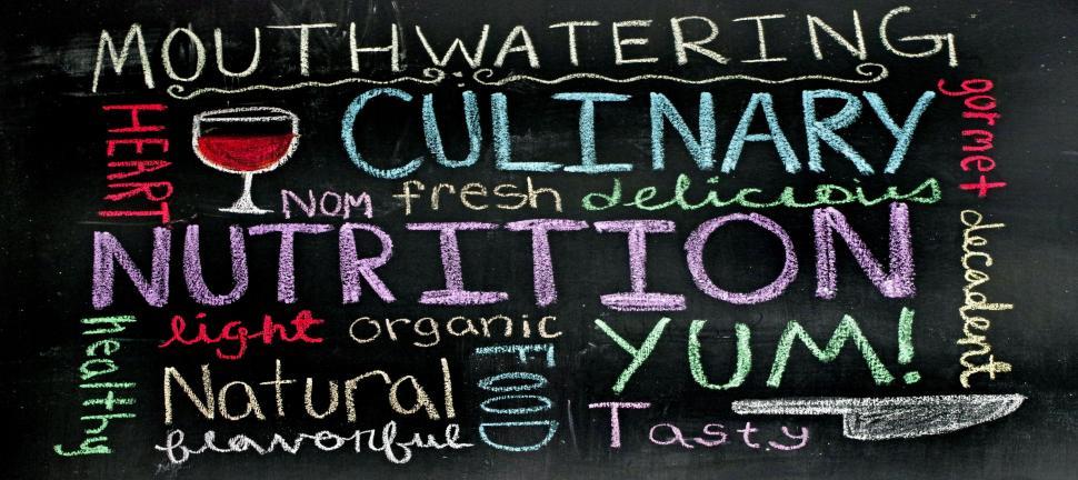 Free Image of Different words to describe food on chalkboard 