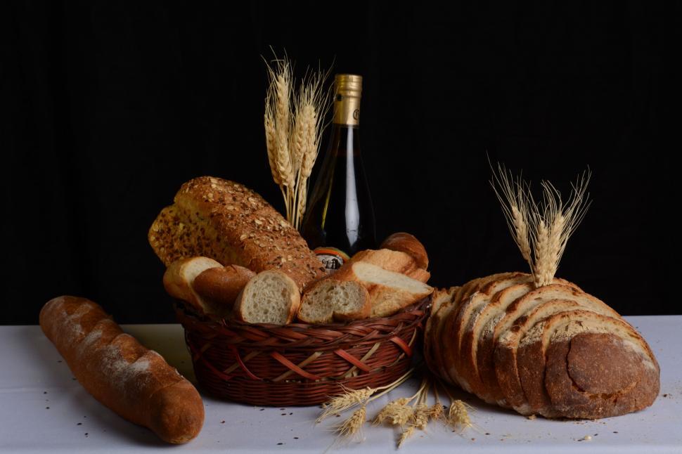 Free Image of Bread And Wine and Wheat Strands  