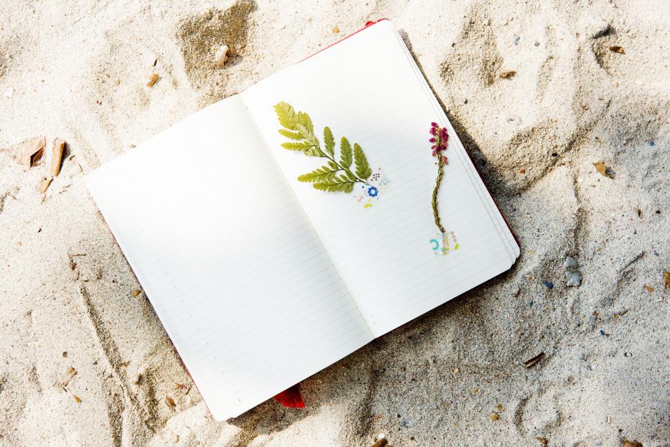 Free Image of Close up of an open diary placed on the beach sand 