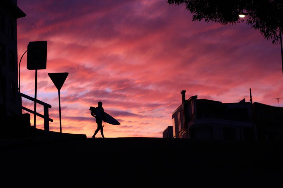 Free Image of Silhouette of man with Surfboard 