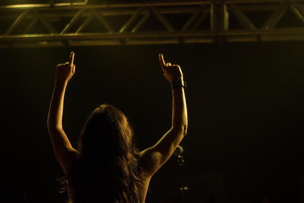 Free Image of Backside view of Woman with Hands up during music concert 
