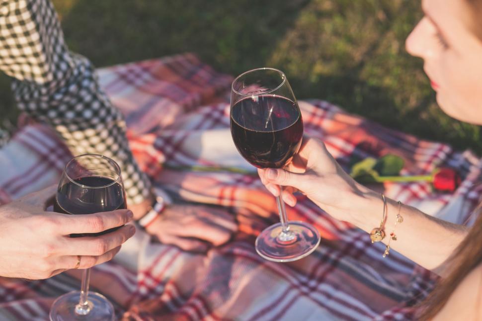 Free Image of Couple clink wine glasses in the park  
