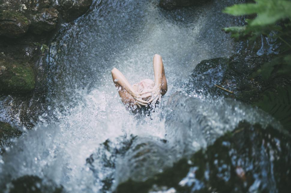 Free Image of Woman under waterfall  