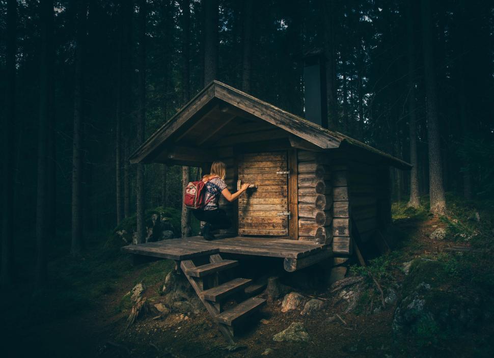 Free Image of Log Cabin and Woman  