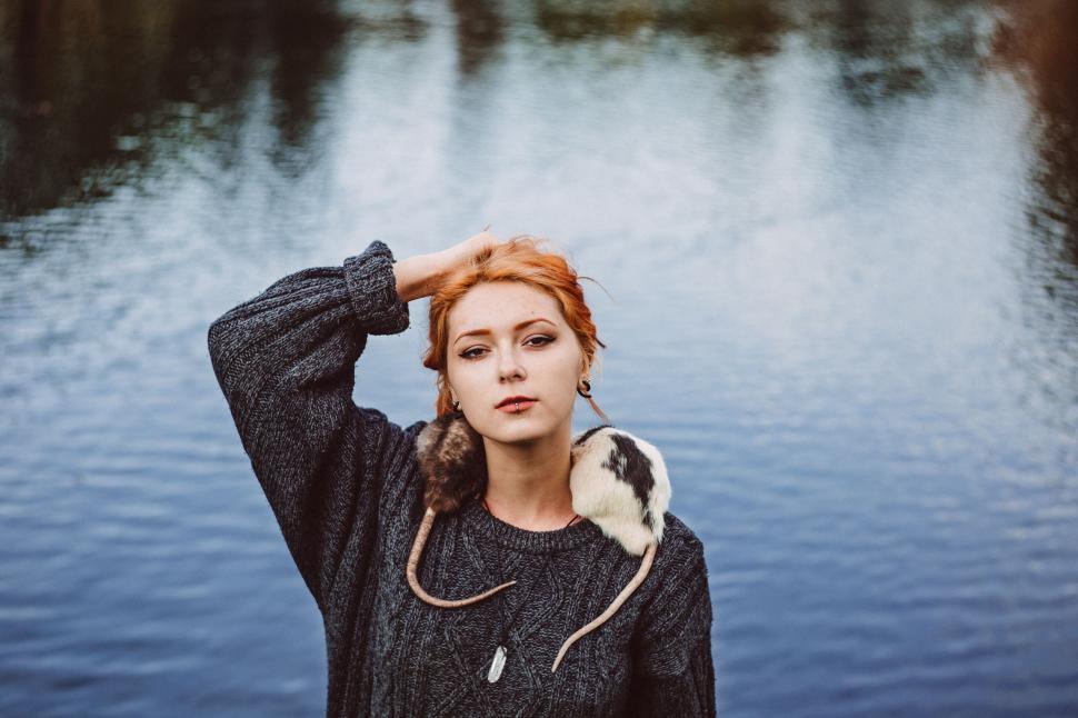 Free Image of Woman with two rats on shoulder  