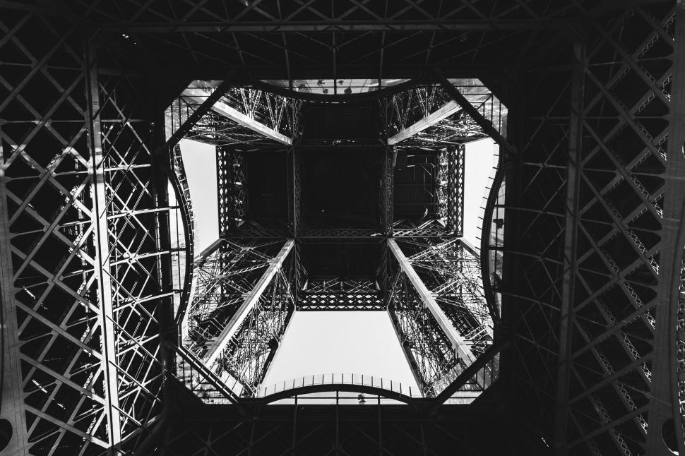 Download Free Stock Photo of Eiffel Tower from directly underneath 