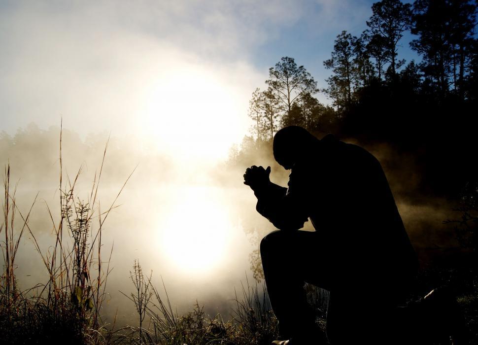 Free Image of Man praying in the misty forest 