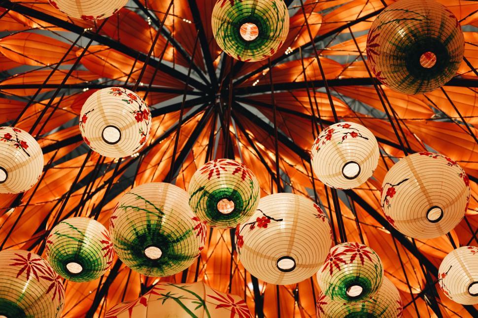 Free Image of Floral Print Paper Lanterns  