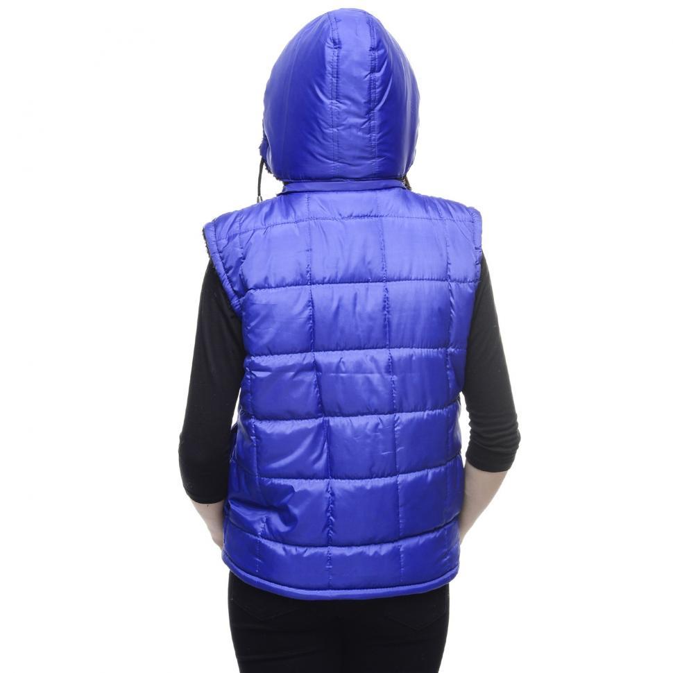 Free Image of Backside view of woman in blue hooded vest jacket 