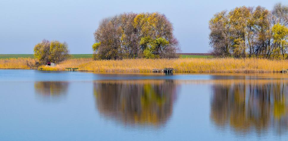 Free Image of Autumn Trees and Lake with blue sky  