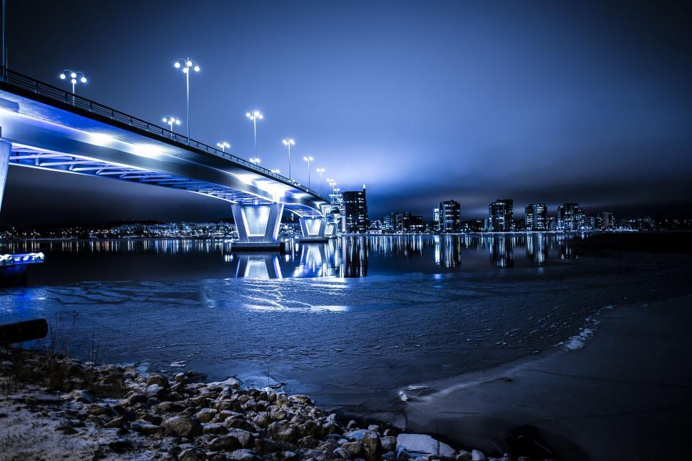 Free Image of Night View of River Bridge  