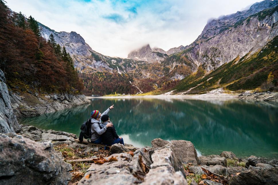 Free Image of Hiker Couple and Mountain Lake  
