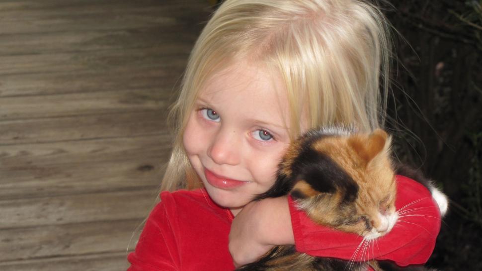 Free Image of Cute Little Girl in Red Top With Kitten  