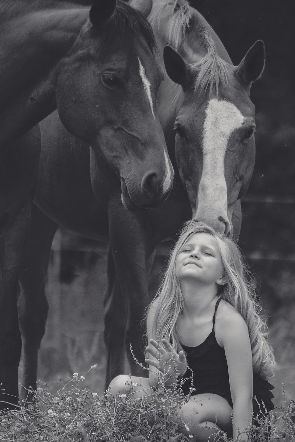 Free Image of Young Girl and Two Horses - Friendship 