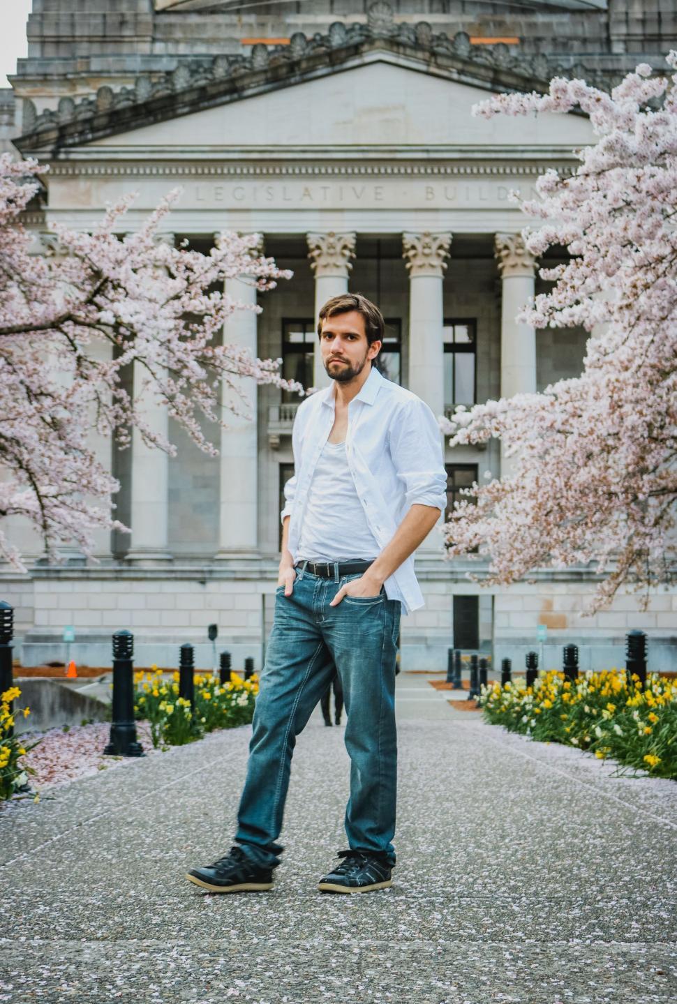 Free Image of Young Man and Washington State Capitol Building With Cherry Blossom - Looking at camera  