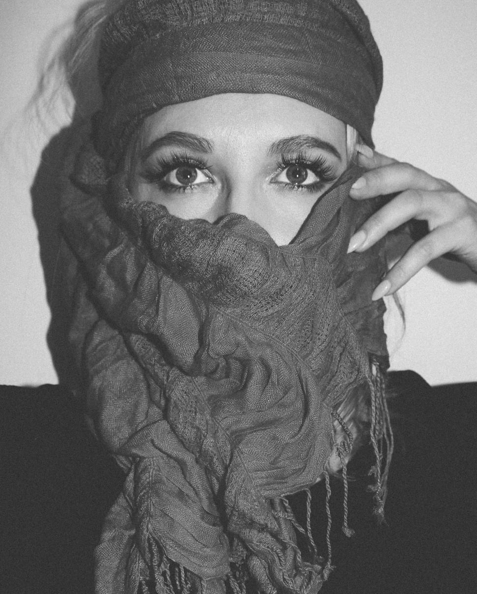 Download Free Stock Photo of Woman with Scarf - B&W 