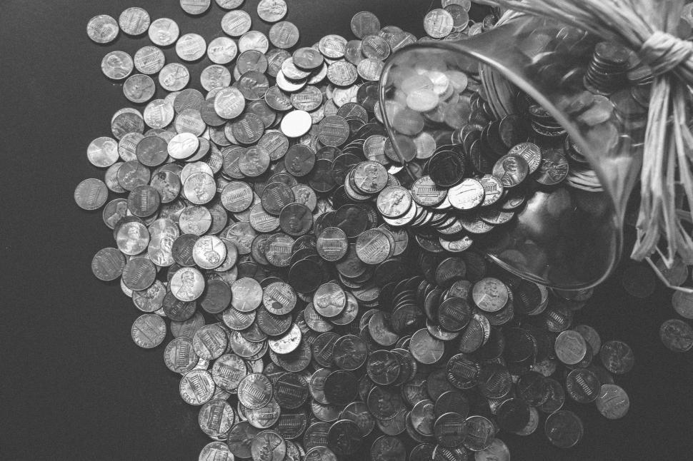Free Image of Coins and Glass Jar - B&W 