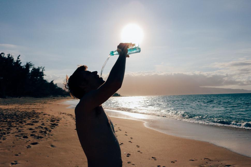 Free Image of Drinking Water With Bottle on beach  