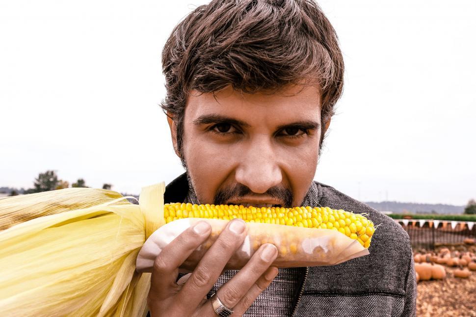 Free Image of Man Eating Corn - Looking at camera  