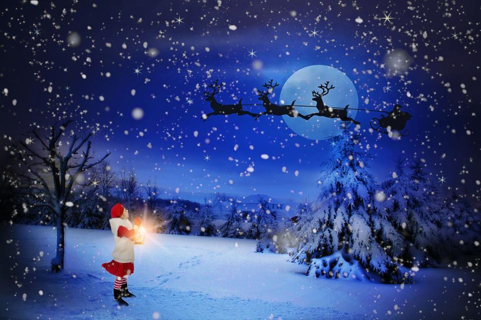 Free Image of Little Girl With Santa over moon in snowfall 