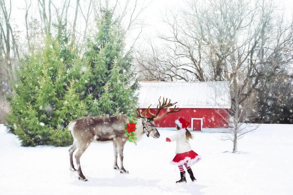Free Image of Little Girl and Christmas reindeer with Trees  