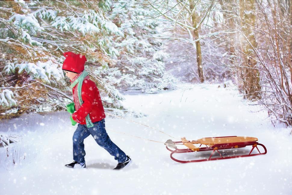 Download Free Stock Photo of Boy pulling sled in snow 