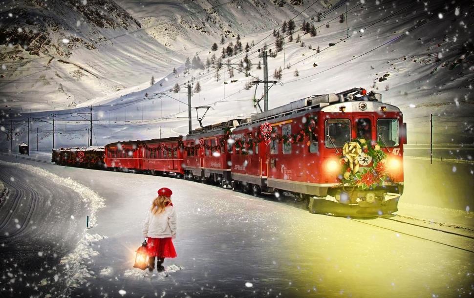 Free Image of Christmas Train and Little Girl in Snow 