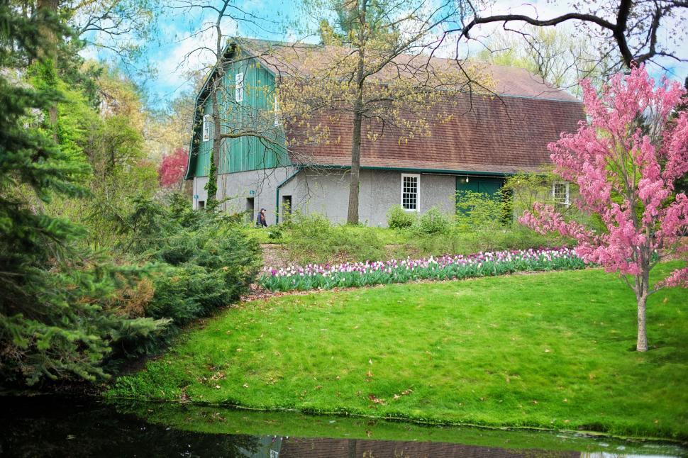 Free Image of Barn and Trees with Pond 