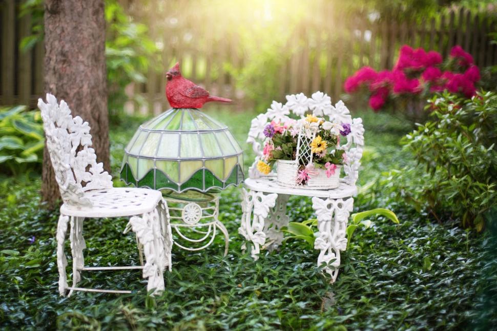 Free Image of Flower Basket and Chair in garden  