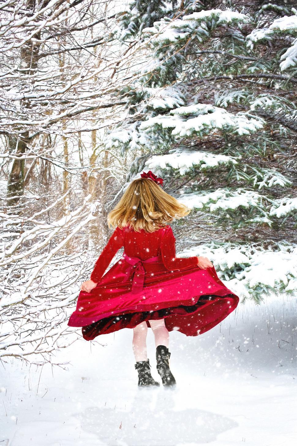 Free Image of Little Girl in Red Christmas Dress and Snow 