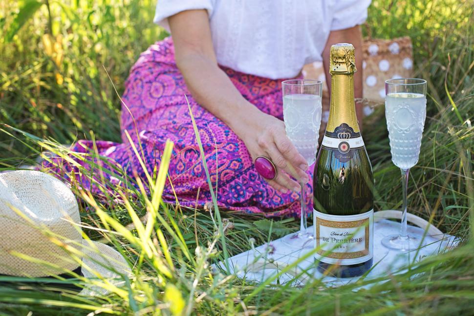 Free Image of Woman With Wine Bottle and Glasses on Green Grass 