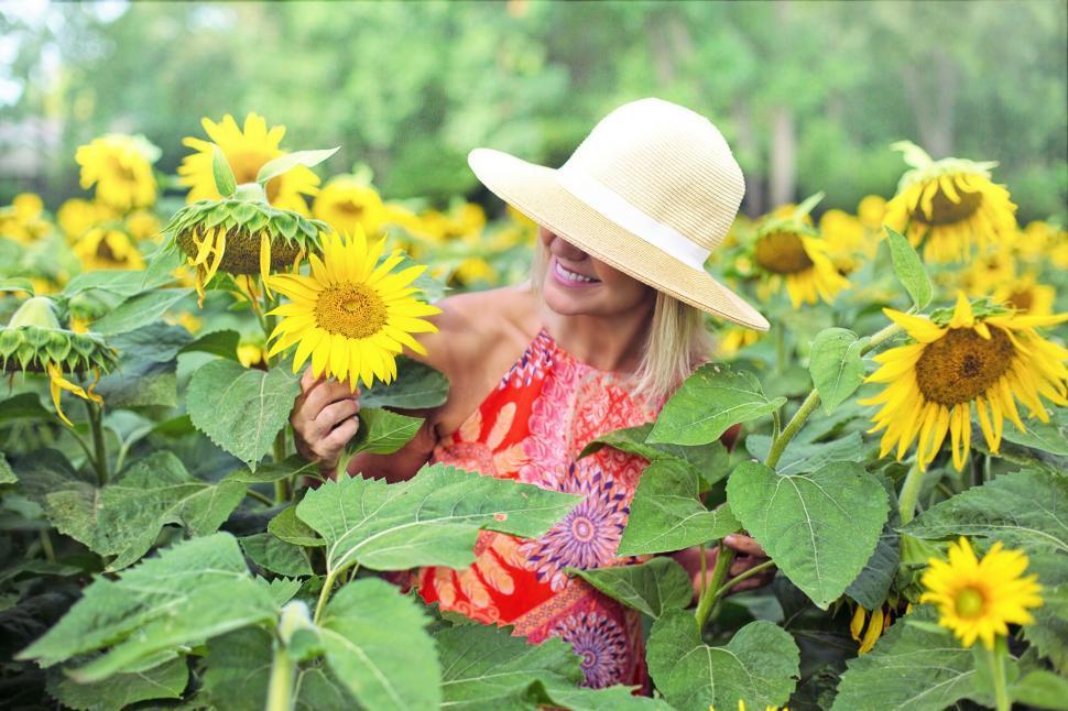 Free Image of Smiling Young Woman In Sunflower Field  