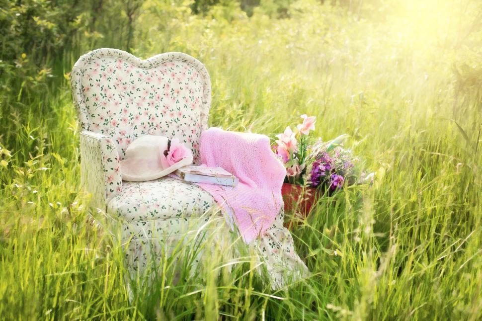 Free Image of Pink Flowers Print Chair In the Garden 