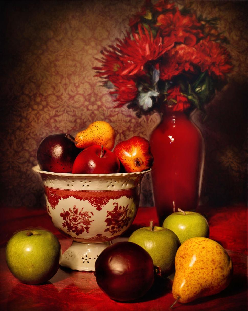 Free Image of Assorted Fruits Bowl and Flower Vase  