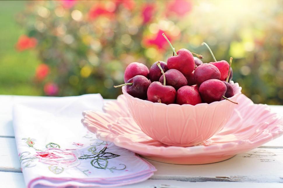 Free Image of Pink Bowl of Red Cherries  