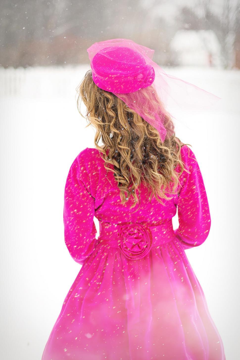 Free Image of Back view of Young Girl With Pink Hat in Snow 