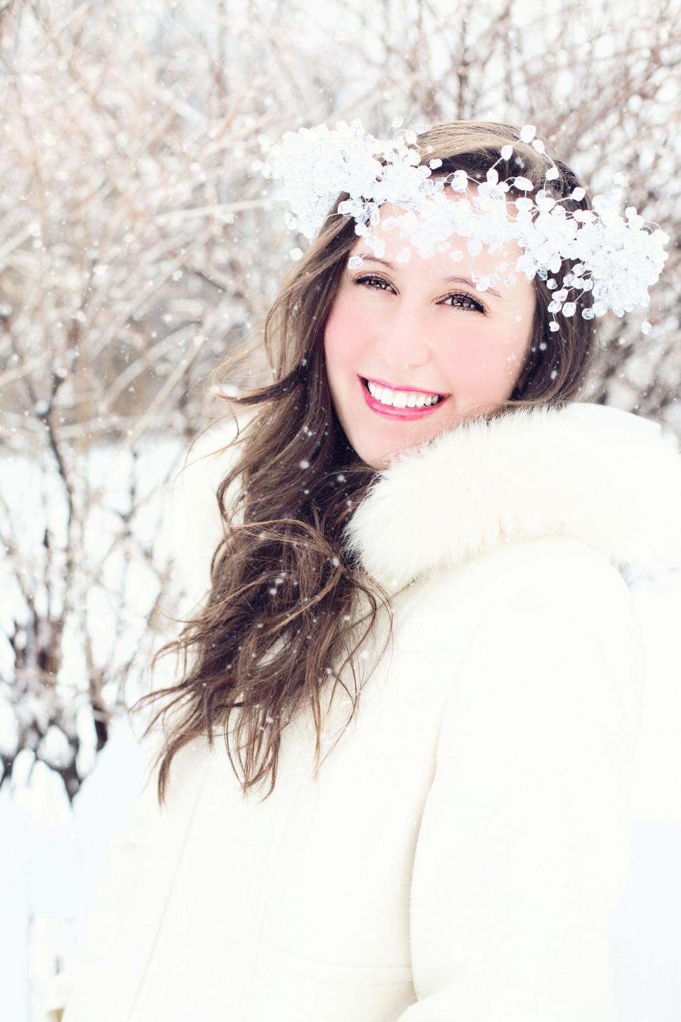 Free Image of Woman in Snow with snowflakes crown 