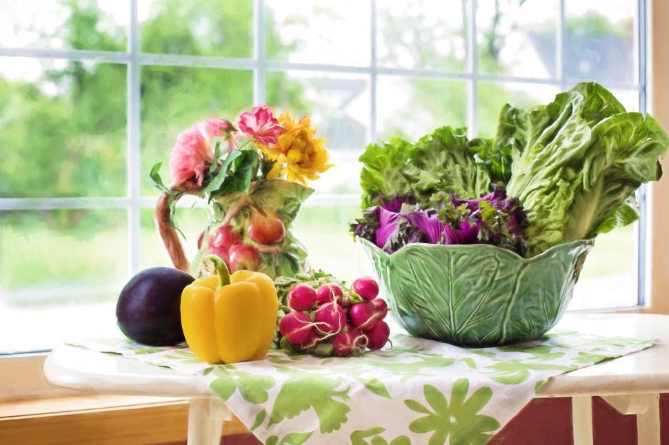 Free Image of Raw Vegetables and Flowers on table  